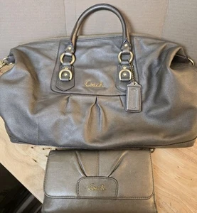 Coach ASHLEY Leather Satchel Handbag Metallic Bronze/Gunmetal Pre-owned Wallet - Picture 1 of 21