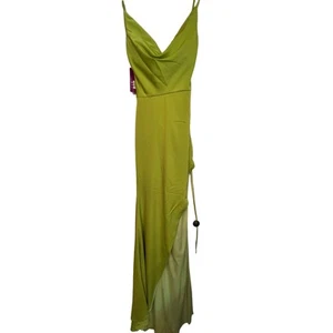 Abby Paris Sz 6 Cowl Neck Corset Back Neon Green Long Gown w/ Ruched Side NEW! - Picture 1 of 7