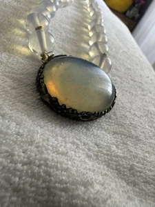 Antiker edwardianischer blauer Mondstein Cabochon & massives Silber Halskette selten - Bild 1 von 7