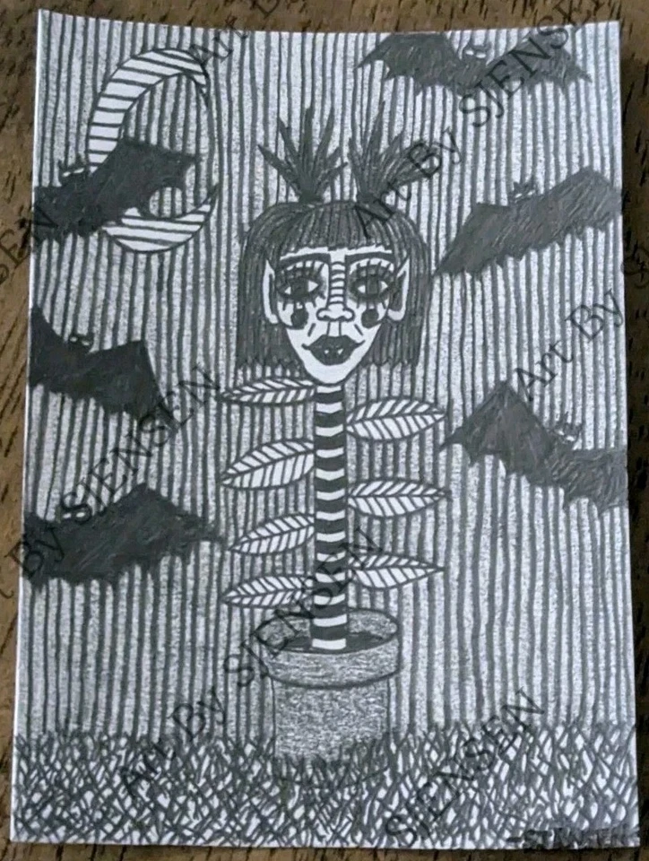ACEO Original Gothic Bats Halloween Fantasy Girl Folk Outsider Pencil Drawing  - Image 1 of 1