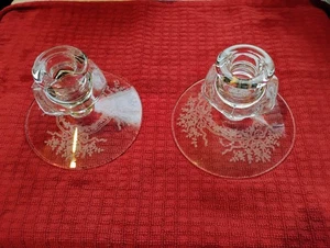 Vintage Clear Candle Holder Pair Floral ETCHED GLASS Set 3.5" Tall 4.5" Base - Picture 1 of 5