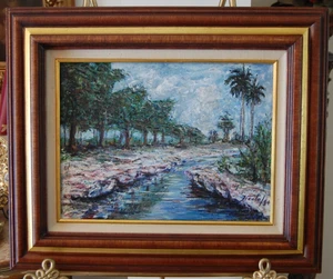 FRAMED SIGNED ORIGINAL OIL RIVER & PALMS CUBAN COUNTRY SCENE ARTIST: HECTO VIDAL - Picture 1 of 24