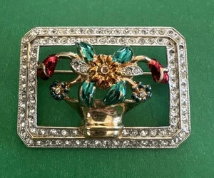 Coro Art Deco Rhinestone & Enamel Flower Basket Estate Vintage Brooch Pin B4 - Picture 1 of 8
