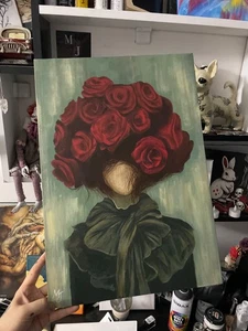 Acrylic Portrait with Red Roses Headdress – Gothic Floral Wall Art 14×20 - Picture 1 of 9