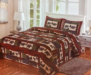 BLACK BEAR Wilderness Cabin Quilted Queen Size Blanket w/ Pillow Shams by DeLeon - Picture 1 of 3