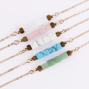 Würfel Quadrat Naturstein Rosenquarz Stab Gold kurze Kette Halsreif Halskette - Bild 1 von 37