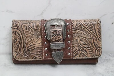 Cartera Muñequera Montana West Cuero Tooled Grabado Hebilla Marrón Floral Plata Foto 1 de 4