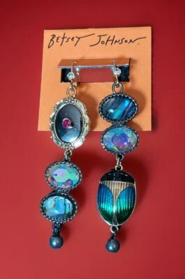 Betsey Johnson Dark Magic Goth Scarab Iridescent Beetle Halloween Linear Earring - Image 1 of 2