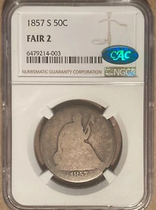 1857-S NGC & CAC FAIR 2 Liberty Seated Half Dollar - San Francisco Mint LowBall - Picture 1 of 2