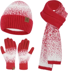 Womens Winter Knit Beanie Hats and Touchscreen Gloves Long Scarf Set with Warm F - Picture 1 of 12