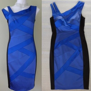 JAX Split Shoulder Asymmetrical Colorblock paneled Satin Sheath Dress Size 10 - Picture 1 of 19