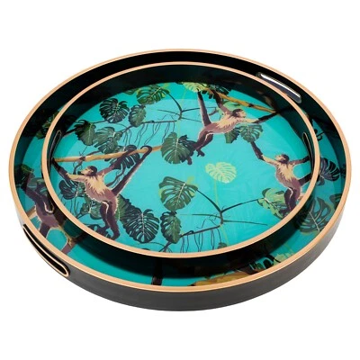 Set of Two Monkey Design Serving Trays Dinner Party Tray With Handles - Image 1 of 4
