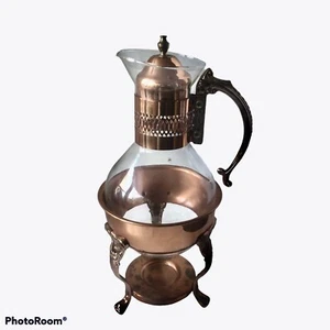 Jarra de té y café de vidrio chapado en cobre vintage de 15" con soporte para calentador - Imagen 1 de 1