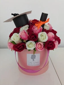 Hat Box Graduation Pink/Red Silk Flowers - Gift Hamper - Picture 1 of 2