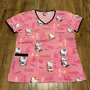 Vintage Hello Kitty Sanrio Pink Toyko L.A. NYC Scrubs Pink Top Adult Womens XS - Picture 1 of 6