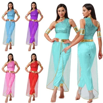 TIAOBUG Damen Arabische Prinzessin Kostüm Pailletten Overall Jumpsuit Fasching Kostüm