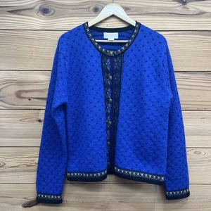Vtg Tally-Ho Sweater XL Boiled Wool Cardigan Fair Isle Blue Black Button Up B156 - Picture 1 of 15