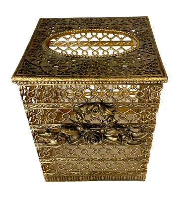 Vintage Hollywood Regency Filigree Gold Metal Tissue Box Cover MCM Ormolu - Image 1 of 4