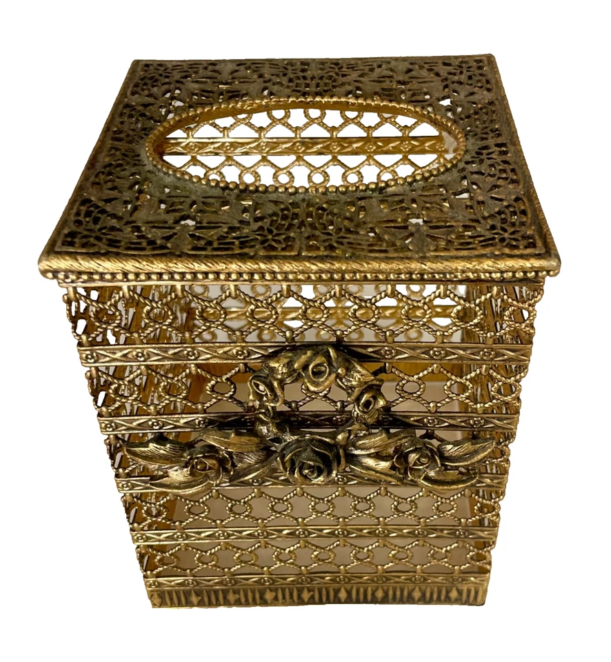 Vintage Hollywood Regency Filigree Gold Metal Tissue Box Cover MCM Ormolu - Image 1 of 4
