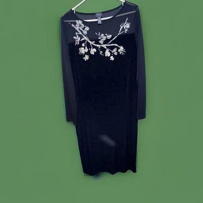 Chico's путешественников черный бархат платье размер 2/L цветочный чистый сетки панели коктейль - Изображение 1 из 4