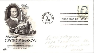 Vintage FDC USPS Scott #1858 George Mason Bill of Rights c1981 Artcraft - Image 1 of 4