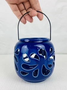 Cobalt Blue Ceramic Pottery Candle Lantern Votive Holder Potpourri Candelabra - Picture 1 of 7