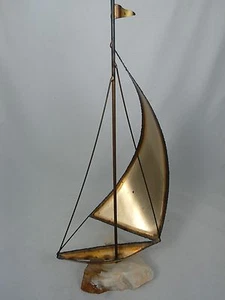 Decorative Metal Nautical Sailboat Shelf Sculpture Mounted Onyx Base Signed - Picture 1 of 7