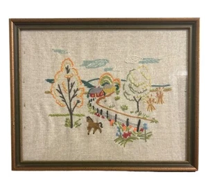 Vintage Crewel Stickerei Pferd in Landschaft MCM Cottagecore Western - Bild 1 von 7