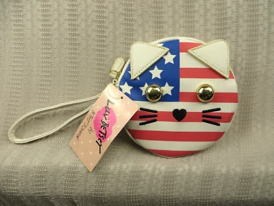 NUEVO CON ETIQUETAS Betsey Johnson Luv EE. UU. Bandera Americana Cara de Gato Muñequera Cartera Bolso sin asas Foto 1 de 4