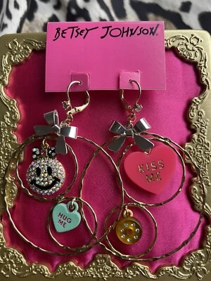 Betsey Johnson Vintage Candyland Candy Heart Happy Face KISS ME Hoop Earrings - Image 1 of 4
