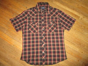 WRANGLER WESTERN SHIRT Pearl Snap Black Tan Burgundy Short Sleeve Mens LARGE - Picture 1 of 5