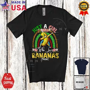 Girl Who Loves Bananas; Cheerful Leopard Plaid Rainbow Dabbing Banana T-Shirt - Picture 1 of 7