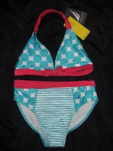 NWT ~ NAUTICA 2 pc Turquoise pink white bikini swimsuit Polka dot Stripes Girl 8 - Picture 1 of 2