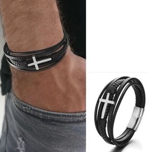 Hochwertiges Armband mit Kreuz aus Leder und Edelstahl mit Magnetverschluss - Bild 1 von 3