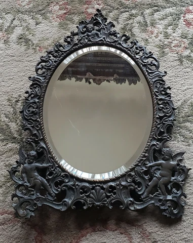 BRONZE ANTIQUE ART NOUVEAU CAST METAL FIGURAL VANITY ORIGINAL OVAL MIRROR Heavy! Cover