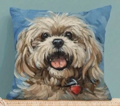 Yorkie Frise Maltese Dog Oil Painting Linen 18x18 Throw Pillow Cover Home Decor - Image 1 of 4