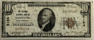 1929 $10 NATIONAL CURRENCY, NATIONAL EXC BANK OF WHEELING, WV CH# 5164 - NICE VF - Picture 1 of 2