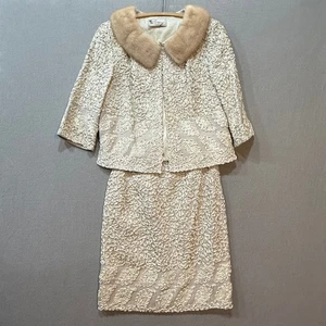Vintage George Brown Originals Cream Skirt Suit Mink Collar Size 10 Fits 4-6 - Picture 1 of 16
