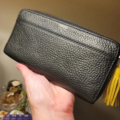 FOSSIL ZIP AROUND TARA CLUTCH WALLET BLACK PEBBLED LEATHER W/ YELLOW TASSEL - Image 1 of 4