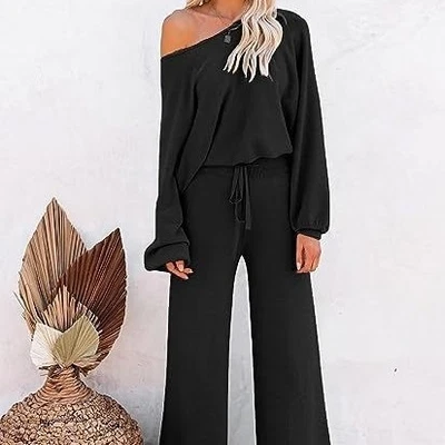 Casual Solid Color Long-sleeved Trousers Two-piece Set - Image 1 of 4