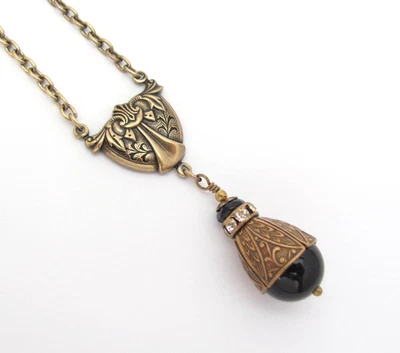 Collar Art Deco Piedras Preciosas de Ónix Negro Latón Antiguo Oscuro Academia Gótico Regalo Foto 1 de 4