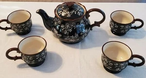 Floral Lace Black 1.5 Qt Teapot W/4 10oz Cup Set Collection Temp-tations By Tara - Picture 1 of 14