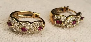 Sterling Gold Plated Lab Created Ruby Red Hoop Earrings W/ Accents - Picture 1 of 9