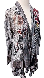 Kamana Women's Long Sleeve Cardigan Kimono XL Lace Sheer Gray Black Floral - Picture 1 of 12