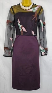 Phase Eight Dress Plum UK12 Bird Embroidered Sheath Sheer Lined Split Hem Party - Picture 1 of 15