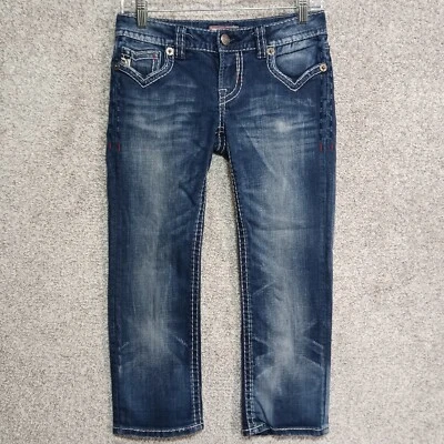 Pantalones de mezclilla Mek para mujer talla 26 azul Oaxaca Capri bolsillos con solapa bordados Foto 1 de 4