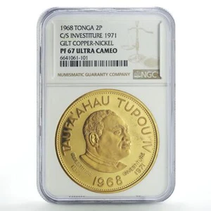 Tonga 2 paanga Investiture King Tupou IV Politics PF67 NGC gilded CuNi coin 1968 - Picture 1 of 4