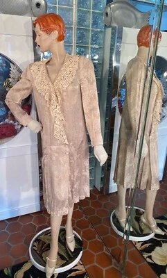 VTG 80s Drop waist dress Flapper Downton Abby Casadei Beige Lace Collar Pleats M - Image 1 of 4