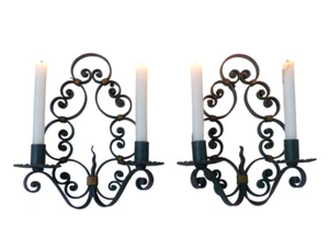 Gorgeous Pair Decorative Wrought Iron Wall Sconces Candlestick French Circa 1950 - Picture 1 of 13