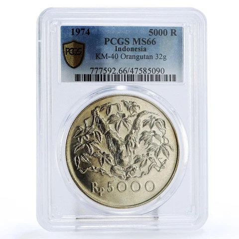 Indonesia 5000 rupiah Conservation Orangutan Monkey Fauna MS66 PCGS Ag coin 1974 Cover